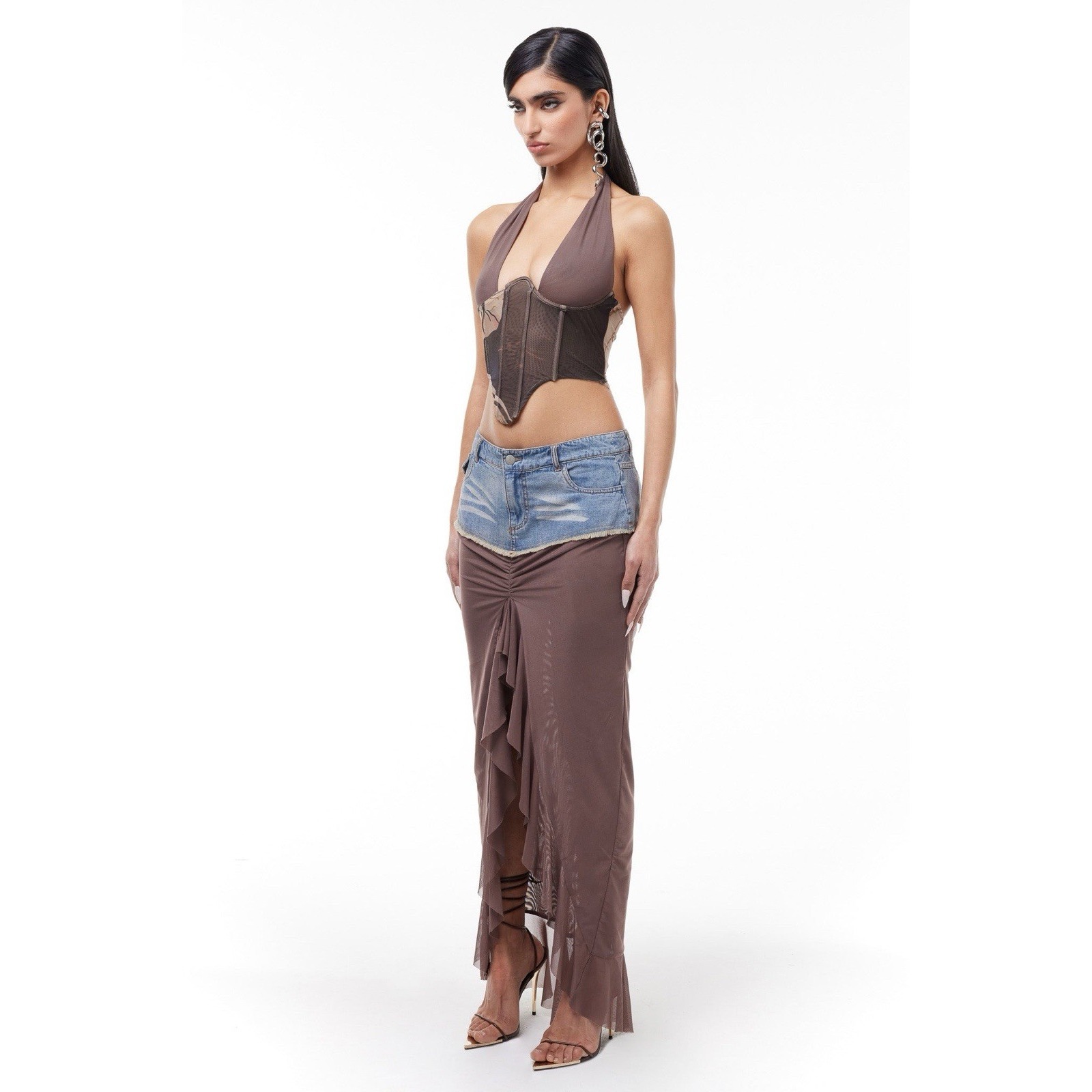 The Kript Sorina Skirt Layered Denim And Mesh Maxi Skirt Nwt Size Xs — image 5 of 8